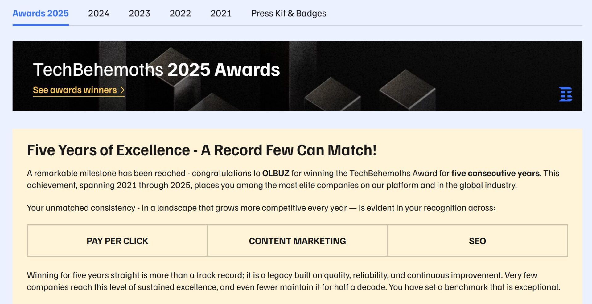 OLBUZ Wins TechBehemoths 2025 Award — Five Years of Excellence & Global Recognition